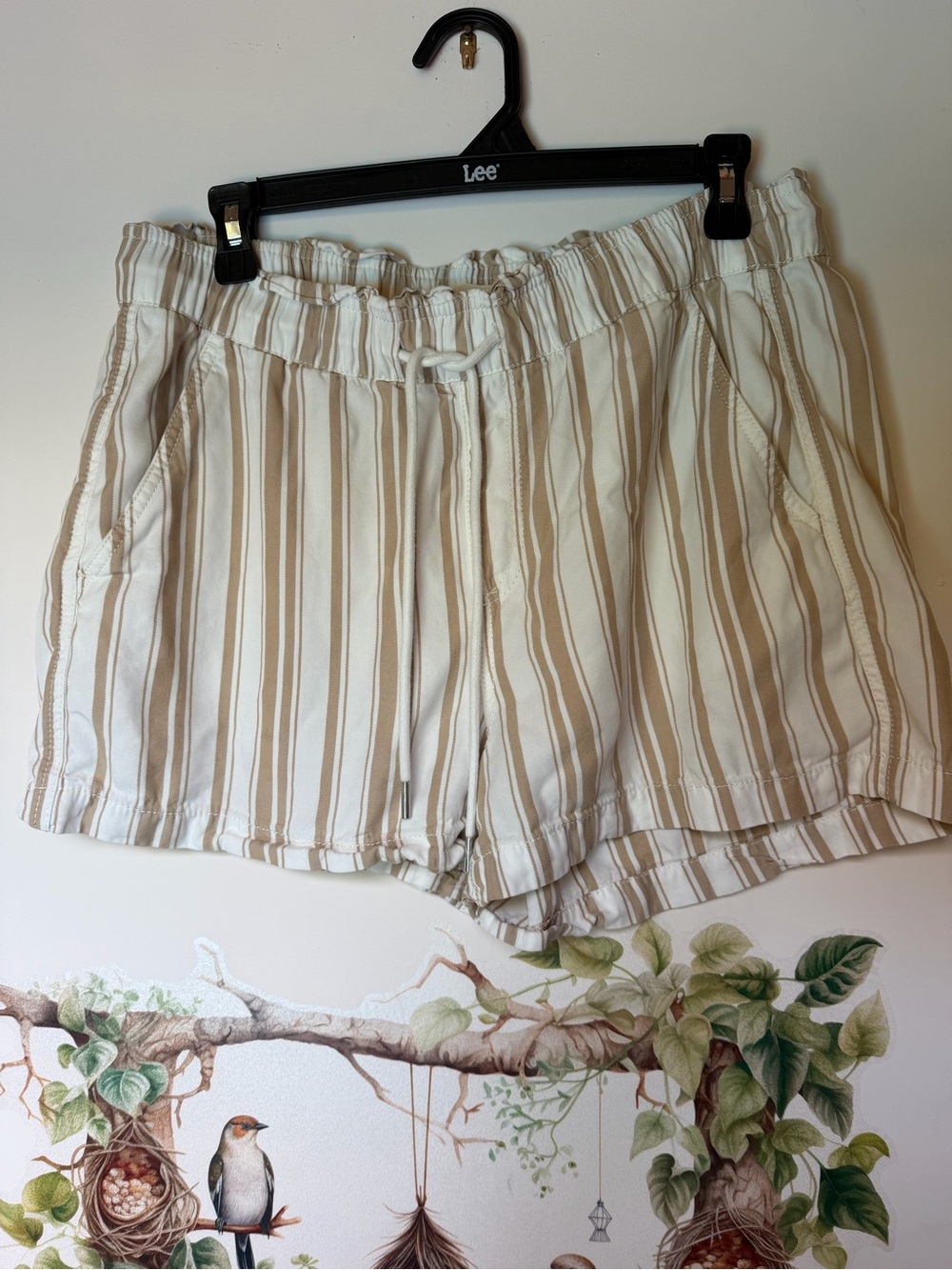 LOFT Beige and White Striped High-Waist Drawstring Shorts